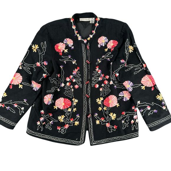 Vintage 90s Draper's and Damon's Black Floral Embroidered Jacket XL Cotton - Picture 1 of 7